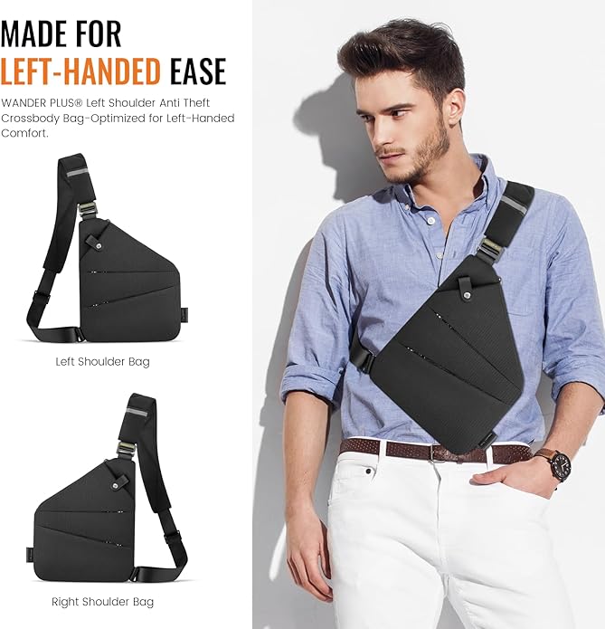 WANDER PLUS® Left Shoulder Anti Theft Crossbody Travel Bag for Women Men, Slim Sling Bag with Adjustable Strap