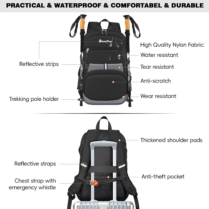 Seektop 40L Hiking Backpack Foldable Daypack for Women Men, Lightweight Travel Backpack Carry on Flight Approved Work Business Leisure Bag (Black)