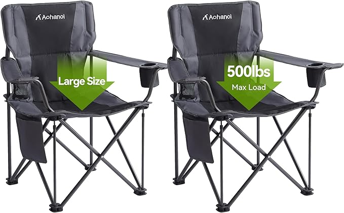 Oversized XL Camping Chairs for Adults, Padded Folding Camp Chair with High Back, Cup Holder & Side Pocket for Outside, Lawn, Beach, Fishing, Sports, Folding Heavy Duty Chairs, Black