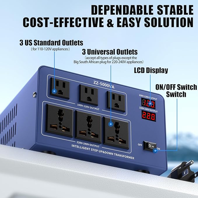 5000W Voltage Converter Transformer Step Up/Down 110V/120V to 220V/240V, Auto Voltage Recognition, Heavy Duty Power Converter with 6 Outlets, LCD Display & Circuit Breaker for Home, International Use