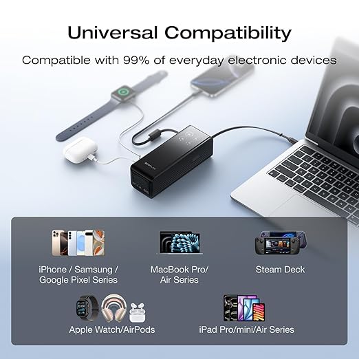 EF ECOFLOW Rapid Power Bank, 25,000mAh, 100W Built-in and Retractable Cables, 170W Portable Charger with Triple 100W USB-C Port, Compatible with iPhone Series, Samsung, Laptop and More, Black