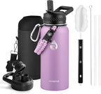 Insulated Water Bottle 32 oz, Triple Wall Vacuum Stainless Steel (Cold for 48 Hrs), Leak Proof & Non-BPA, Modern Water Flask Jug with Paracord Handle & Straw Spout Lids, Lilac
