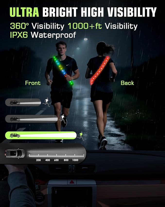 Zacro LED Reflective Sash Light Up Vest for Night Walking with 5 Colors & 4 Light Modes, Rechargeable High Visibility Neon Safety Gear for Men Women Dog Walking