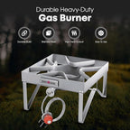 GasOne Stainless Steel Outdoor Propane Burner – High Pressure Camp Stove with Adjustable Regulator & Steel-Braided Hose