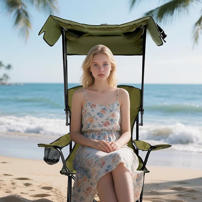 Folding Camping Chair with Canopy, Portable Outdoor Beach Chair for Fishing, BBQ, Picnic, Backyard, Lightweight Sun Shade Chair with Cup Holder, Army Green
