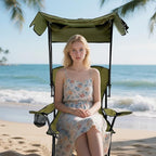 Folding Camping Chair with Canopy, Portable Outdoor Beach Chair for Fishing, BBQ, Picnic, Backyard, Lightweight Sun Shade Chair with Cup Holder, Army Green