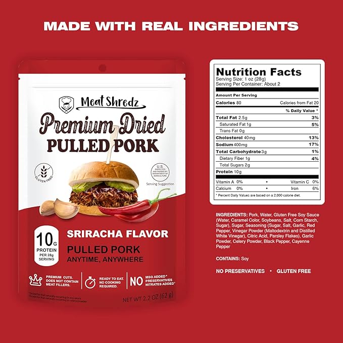 Meat Shredz - Premium Dried Pulled Pork (Sriracha Flavor, 4 Pack) | Gluten Free | High Protein & Low Sugar | Bacon Bits | Dehydrated Backpacking & Camping Food | Shredded, Dried Jerky Chew Snack