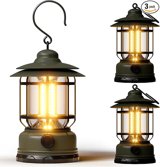Portable LED Camping Lanterns,1500LM Step-less Dimming, Lightweight Retro Battery Powered USB Rechargeable Tent Lights,Survival Kits Flashlight for Power Outage Emergency Hiking Hurricane 3 Pack Green