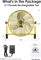 ZHULI 14" Portable Battery Operated Floor Fan, Rechargeable Cordless Camping Fan, Hi-Velocity Brushless Motor, Metal blade, USB Phone Charge, 8~60H Runtime, Quiet, Wireless, For Outdoor Home Workshop