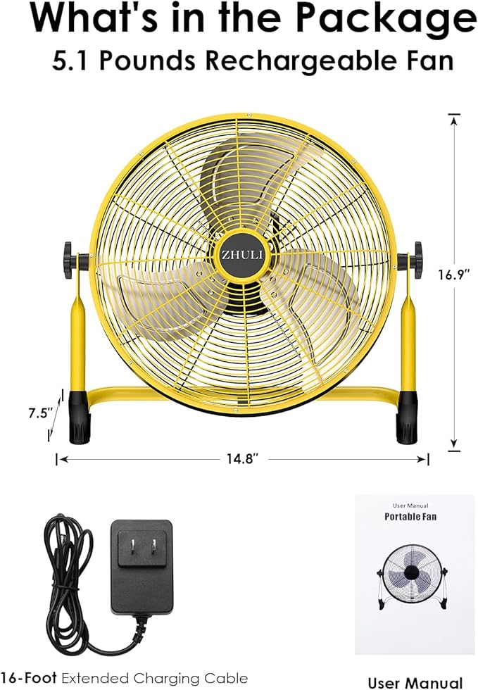 ZHULI 14" Portable Battery Operated Floor Fan, Rechargeable Cordless Camping Fan, Hi-Velocity Brushless Motor, Metal blade, USB Phone Charge, 8~60H Runtime, Quiet, Wireless, For Outdoor Home Workshop
