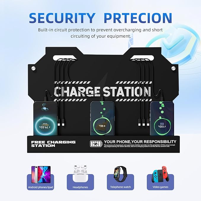 Mechanical Type Wall Mounted Charging Station with 8 PortHigh Speed Cables - Universal Dock for Apple, Type-C & Android Devices, Perfect for Airports, Hotels, Offices, School (Black)