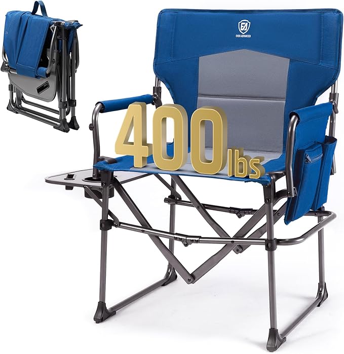 EVER ADVANCED Camping Directors' Chair with Side Table, Portable Folding with Compact Size, Heavy Duty Lawn Chair with Pocket for Camping, Lawn, Sports and Fishing, 400lbs, Blue