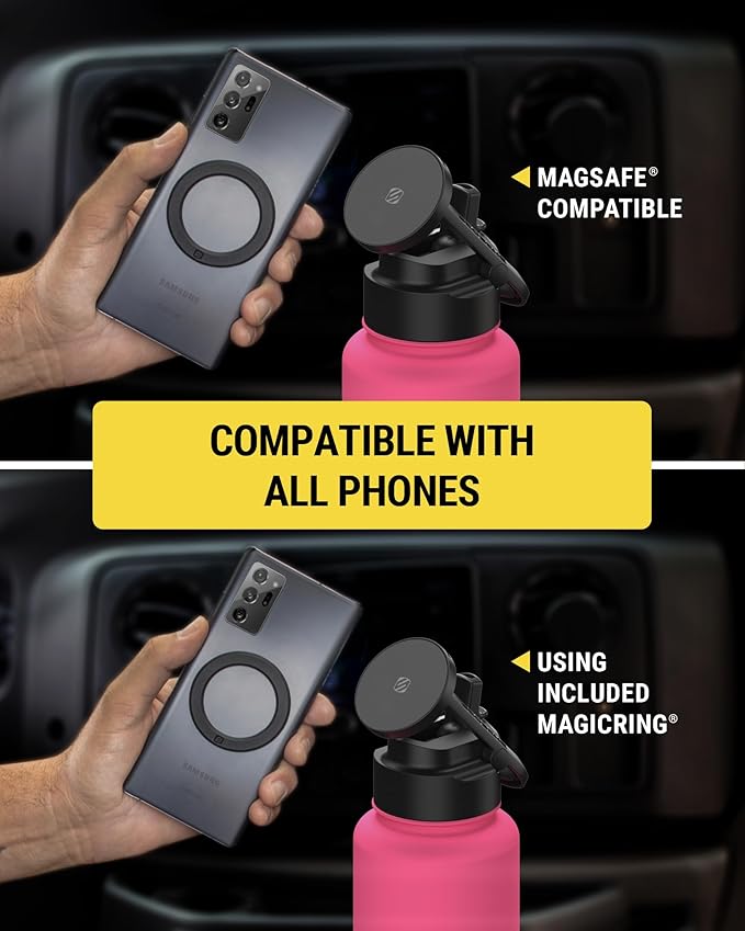 Scosche MFMS32 MagicMount Flask 32 oz Stainless Steel Water Bottle with MagSafe Phone Mount Stand, 12H Hot & 24H Cold, Insulated Flask with Magnetic Phone Holder for Gym, Travel, Sports, 32oz, Pink