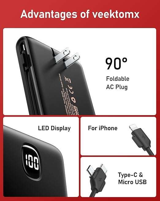 Portable Charger Power Bank Built in Cables and Wall Plug, 10000mAh iPhone Battery Pack Fast Charging, USB C External Slim Power Bank, Travel Essentials Compatible with iPhone 17 16 15 14 iPad, Black