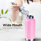 ThermoProof Double-Walled Vacuum Insulated Stainless Steel Water Bottle - Wide Mouth Canteen, Spout & Straw Lids, Dishwasher Safe, Reusable, Leakproof, Hot & Cold for Men, Women & Kids - 32oz, Pink