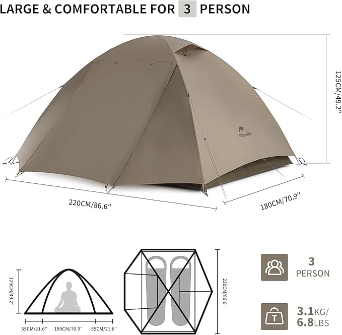 Naturehike Cloud River 2 Person 3 Person Backpacking Tent, Waterproof 2 Person 3 Person Tents for Camping, Double Layer Camping Tent