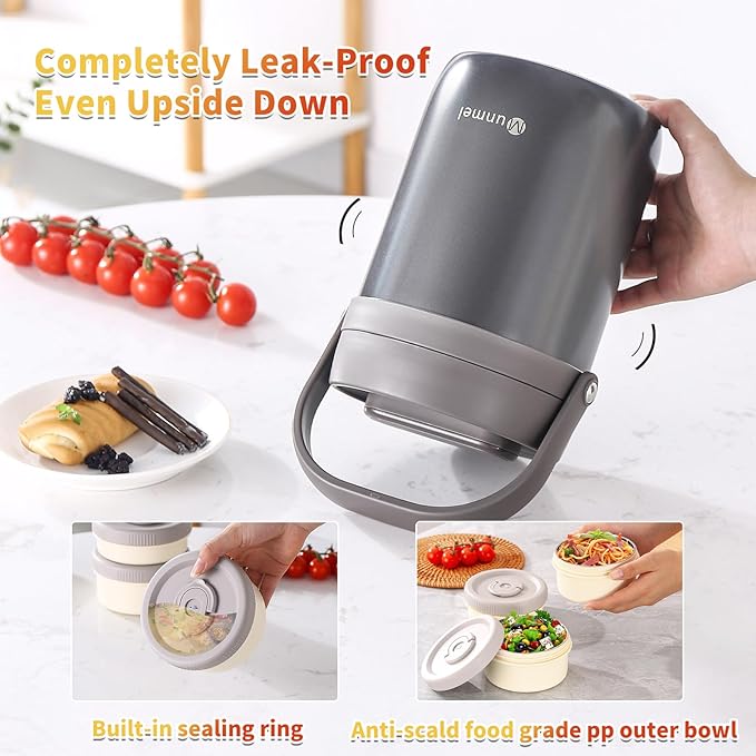 Adults Lunch Vacuum Soup Thermo For Hot Food with Inserts Stackable Bento Box Storage Container,Width Mouth Stainless Steel Portable Insulated Food Jar (grey, 74 oz)