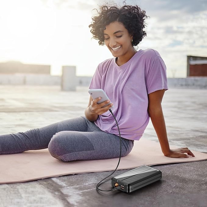 Solar Power Bank Portable Charger 52800mAh 5V/3A Fast Charging Battery Pack with Built in 4 Cables 2 Outputs & LED Flashlight for All Mobile Devices Camping Traver Outdoor