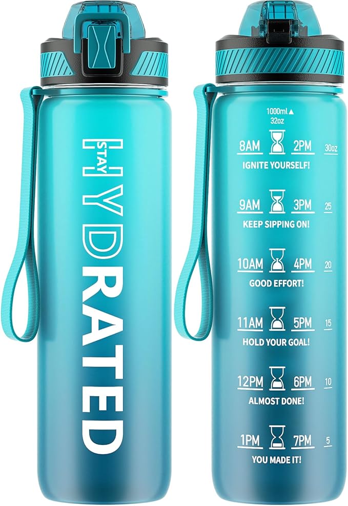 QLUR Water Bottle with Straw, 32oz Motivational Water Bottles with Time Marker to Drink, Tritan BPA Free, 1L Sports Water Bottle with Carry Strap LeakProof for Women Gym Fitness Outdoor (1 Pack)