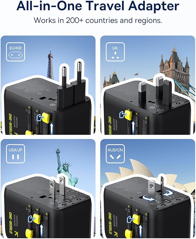Baseus 70W Universal Travel Adapter, 6-in-1 International Plug Adapter with Retractable Cable, USB-C PD Fast Charging Worldwide Wall Charger for USA/EU/UK/AUS and Over 200 Countries - Enercore CG11