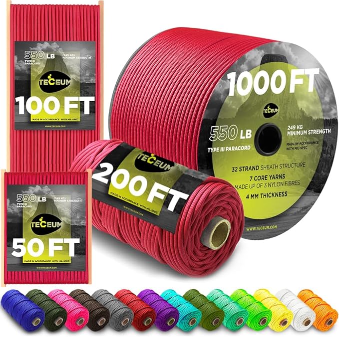 TECEUM 5/32" Paracord Rope 1000 – 1000ft / 200ft / 100ft / 50ft – Tactical Parachute Cord 4mm – 45+ Colors – Nylon String for Survival & Camping Gear – Stripe Cord for Survival – Utility Rope