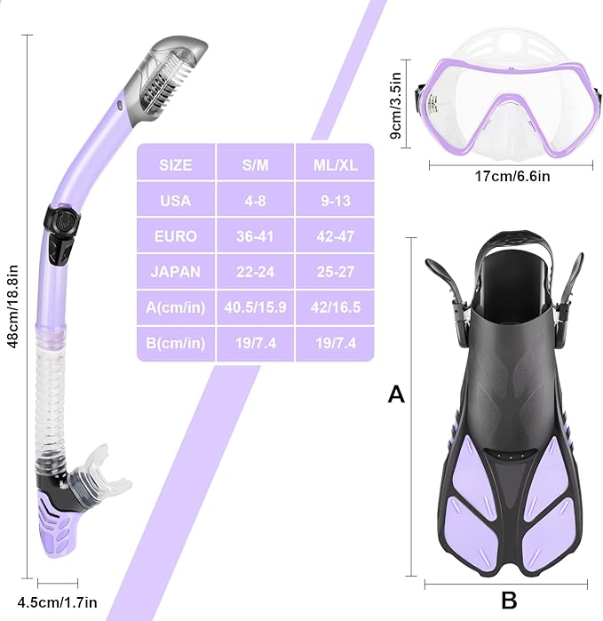 ZEEPORTE Mask Fin Snorkel Set, Travel Size Snorkeling Gear for Adults with Panoramic View Anti-Fog Mask, Trek Fins, Dry Top Snorkel and Gear Bag for Swimming Training, Snorkeling Kit Diving Packages