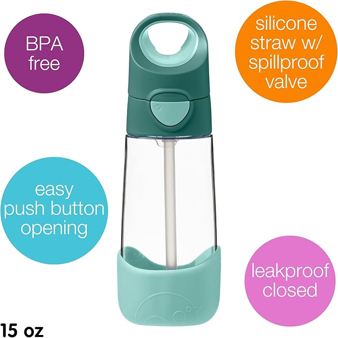 b.box Kids Water Bottle – Tritan Toddler Drink Bottle with Straw for School, Daycare, Travel w/Easy-Grip Triangular Design, Leak Proof Lid & Handle, BPA Free, Dishwasher Safe (Emerald Forest)