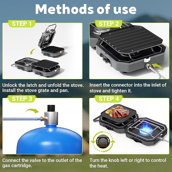 Portable 2 Burner Camping Stove with Handle, 16,000 BTU Foldable Propane Camping Stove with Grill and Carry Bag, Adjustable Burners&Flame-out Protection, Portable Camp Stove for BBQ, Tailgating, Grey