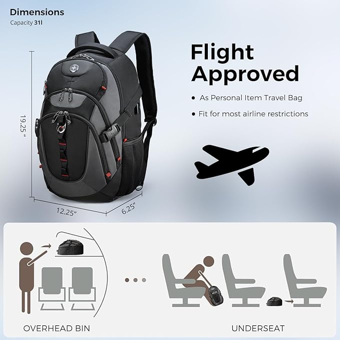 Swissdigital Design Laptop Backpack, Travel Backpack with USB Charging Port Fits 15.6 inches Computer, 31L College School Bookbag for Men, Black/Grey | SD803-02