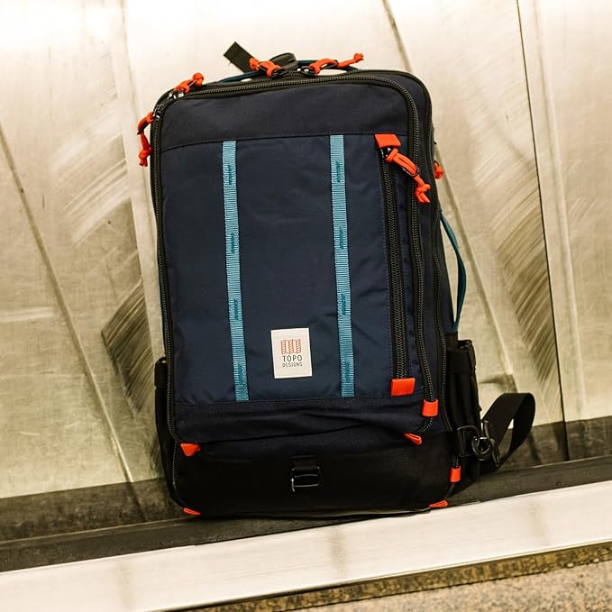 Topo Designs Global Travel Bag – 30L or 40L - Carry-On Compliant Most Airlines, Durable Travel Duffel Bag, Clam Shell Main Pocket, Laptop Sleeve, Backpack, Luggage (30L / Dark Denim/Burgundy)