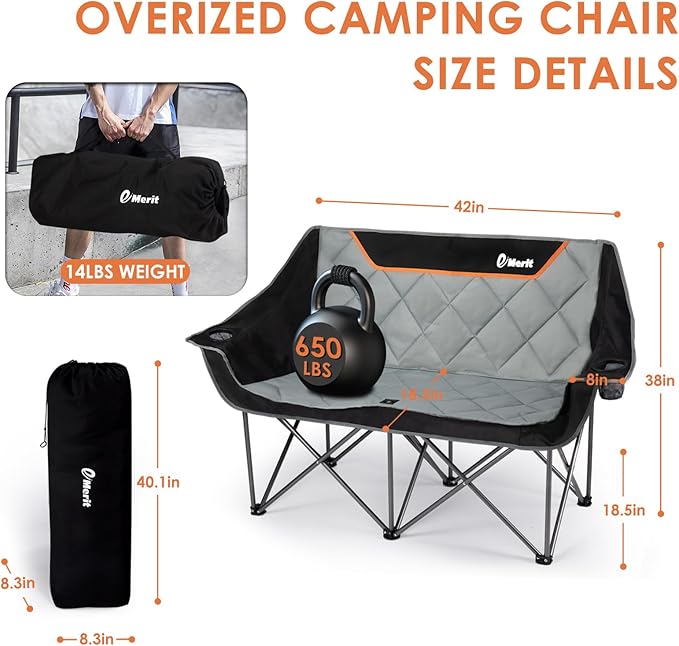 EMERIT Oversized Double Duo Camping Chair Folding Camping Loveseat 2 Person Camping Couch Heavy Duty Lawn Chairs for Outside with Padded Seats & Armrests-Support 650LBS