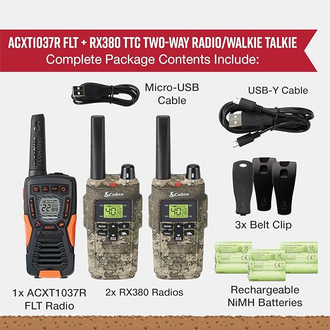 Bundle of Cobra RX380 TTC Walkie Talkies (2-Pack) + Cobra ACXT1037R FLT Walkie Talkie (1-Pack)
