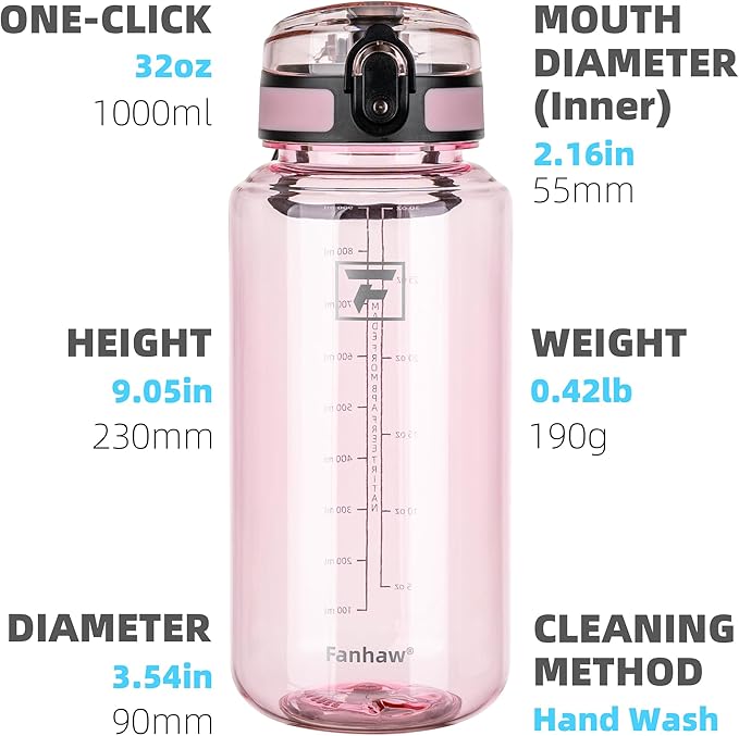 Fanhaw 32 Oz Clear Tritan Water Bottle with Chug Lid, BPA-free, Wide Mouth, Leak Proof - for Gym, Travel, Home, School, Office (Cherry Blossom)