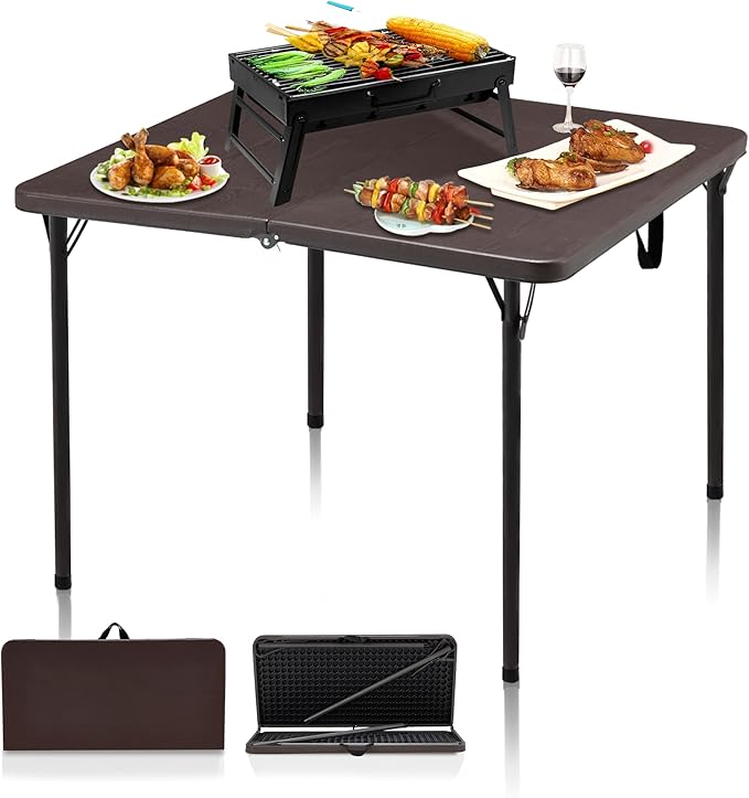 34" Camping Table, Portable Square Camping Card Table with Collapsible Legs & Carrying Handle, Plastic Tables for Outdoor Cooking,Camping,Picnic, Office, Party, Brown