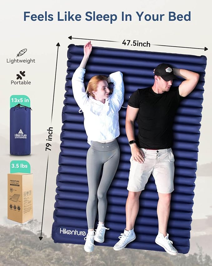 Hikenture Double Sleeping Pad for Camping, Ultralight 4" Extra-Thick Camping Mattress 2 Person, Inflatable Backpacking Sleeping Mat, Hiking Air Mattress for Tent (Foot Pump)