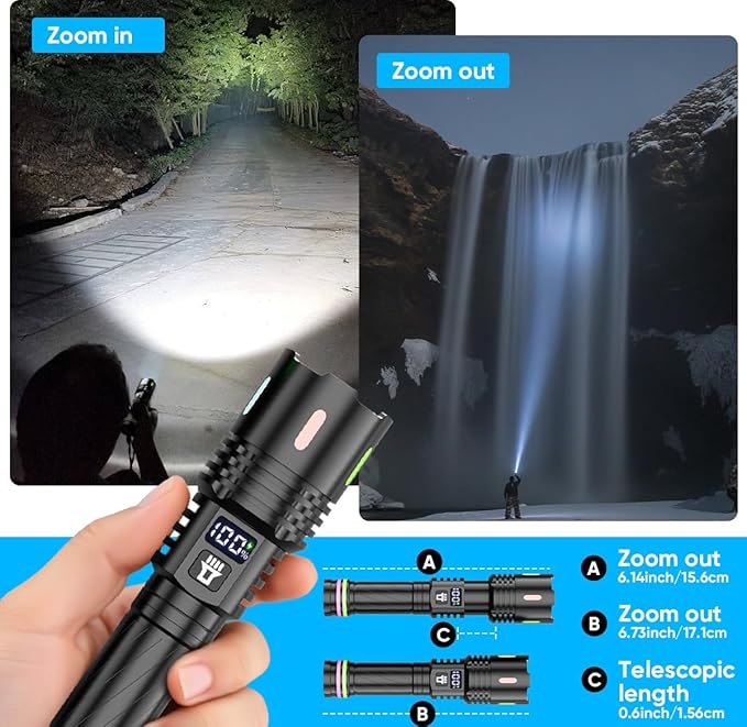 Rechargeable Flashlights High Lumens, Powerful 3 Modes Super Bright Flash Light with LCD Digital Display, Adjustable Waterproof Handheld Led Flashlights for Emergencies Camping Home Outdoor