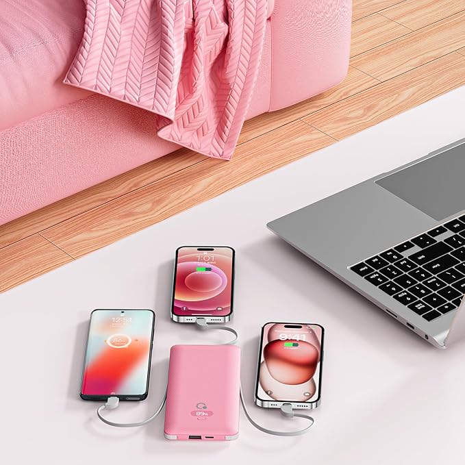 Brand Q 10000mAh Portable Charger with Built-in Cables and AC Wall Plug, USB C Fast Charging Power Bank with 3 Cords,5 Output External Battery Pack Compatible with iPhone,Tablet and All Smart Phones