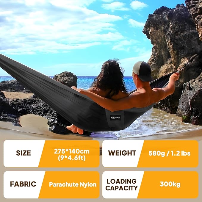 NATUREFUN Ultra-Light Travel Camping Hammock | 300kg Load Capacity,Breathable,Quick-Drying | 2 x Premium Carabiners,2 x Nylon Slings Included | Outdoor Indoor Garden