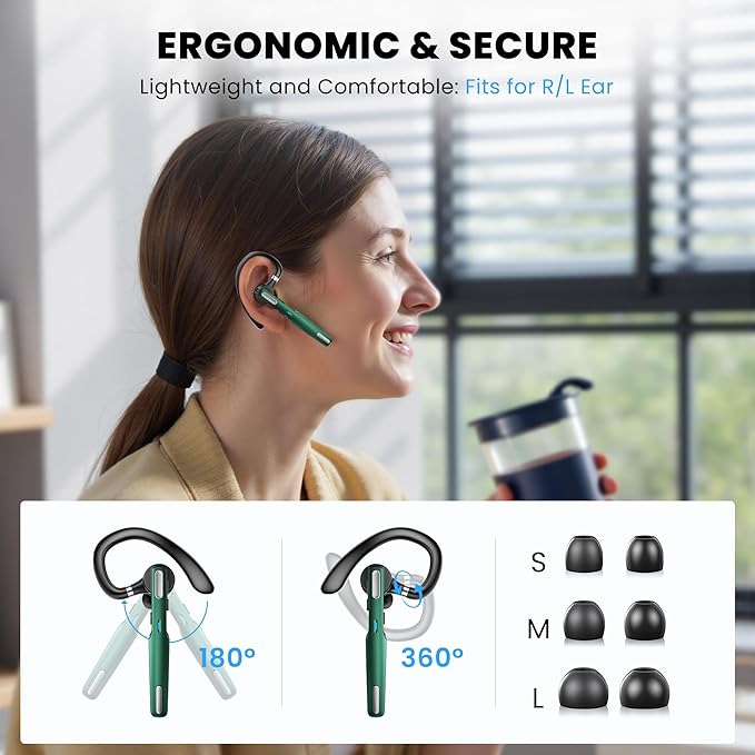 Bluetooth Headset, Wireless Bluetooth Earpiece V5.0 Hands-Free Earphones with Built-in Mic for Driving/Business/Office, Compatible with iPhone and Android (Green)