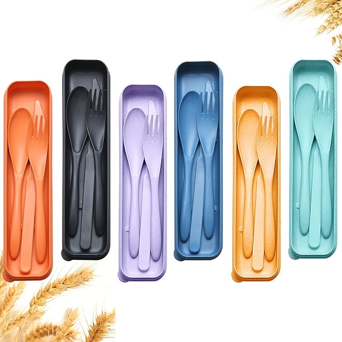 Reusable Travel Utensils Set with Case, 6 Sets Wheat Straw Portable Plastic Fork Spoons Knife Camping Cutlery, Eco-Friendly BPA Free Lunch Tableware for Kids Adults Travel Picnic Utensils