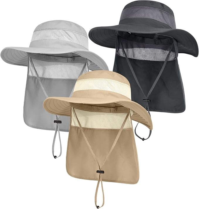 3 Pack Mens UPF 50+ Wide Brim Sun Hat with Neck Flap for Fishing Hiking Garden