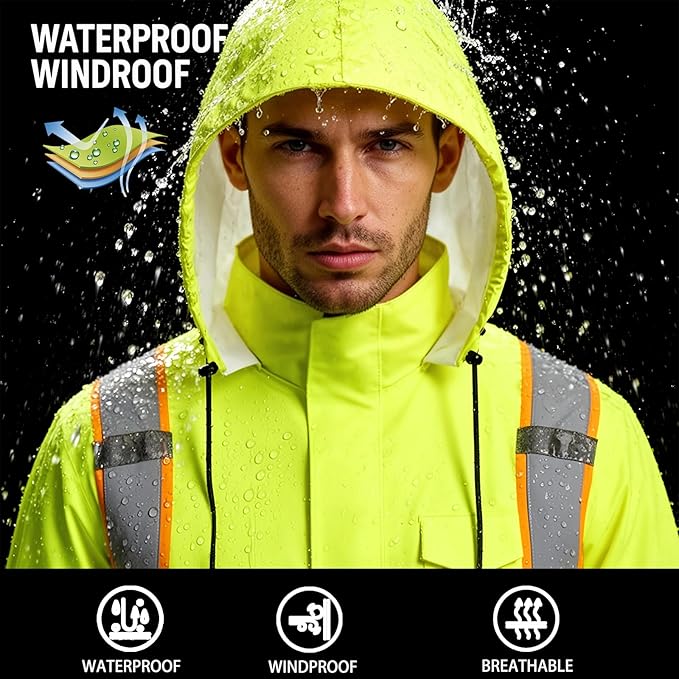 High Vis Reflective Safety Rain Jacket for Men, Class 3 Hi Vis Rain Gear for Construction Workers (Yellow,2XL/3XL)