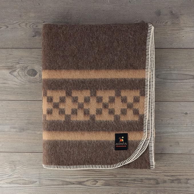 Thick Alpaca Wool Blanket Heavyweight Camping Outdoors Indoors Soft Peru Twin Size New Ethnic Design (Dark Brown/Soft Camel 2, Twin Size)