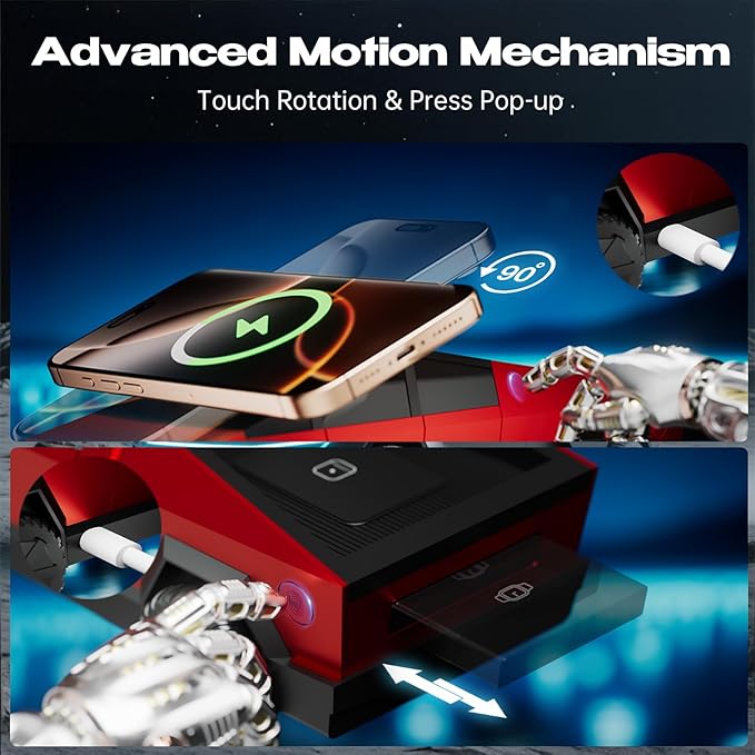 CyberDock 3-in-1 Wireless Charging Station for iPhone with Car Model 1:25 Scale, Qi2 Certified Mag-Safe Charger for iPhone iWatch AirPods, Rotating Charger with Ambient Light, 30W Adapter, Red