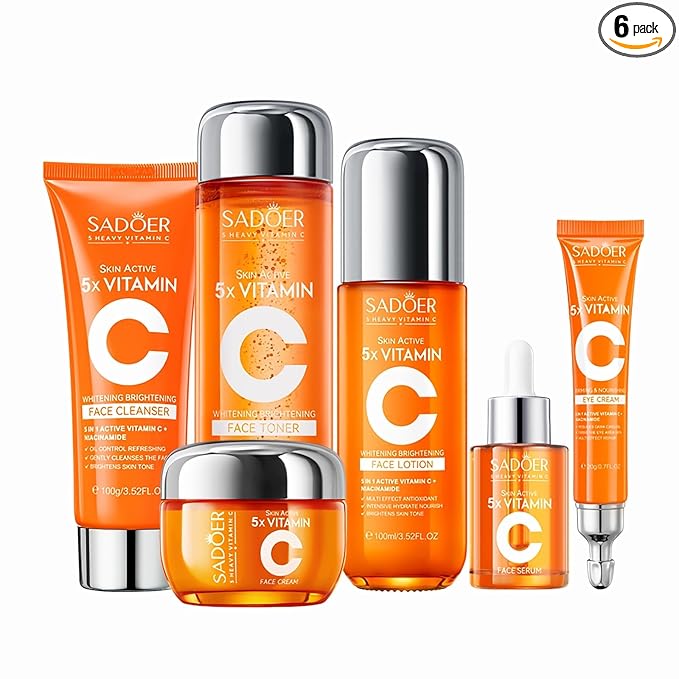 Vitamin C Skincare Set for Women & Teens - 6Pcs Travel Skincare Kit with Cleanser, Toner, Serum, Eye Cream, Face Cream & Lotion - Hydrating, Teen Skin Care & Women's Facial Gift Set