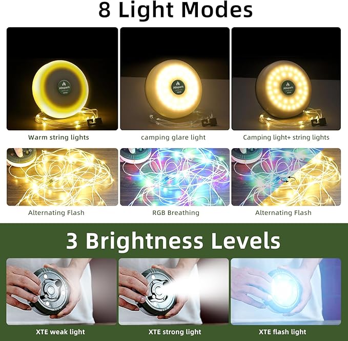 Allspark Camping String Lights, 4 in 1 Quick Storage 32.8FT Rechargeable Waterproof LED Hanging Light with 8 Lighting Modes, Hanging Portable LED Lamp for Outdoor Patio Awning Garden Party Essential