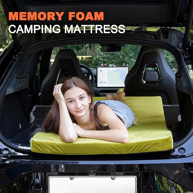 Memory Foam Camping Mattress Sleeping Pad, 3" Thick Waterproof Portable Roll Up Sleeping Mats & Floor Mattress Pad with Pillow + Travel Bag for Camping Car Truck SUV Tent Sleepover Kids Adult