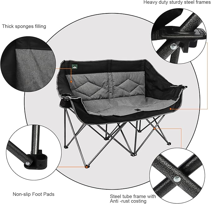 Northroad Folding Loveseat Camping Chair Portable Double Duo Full Padded Garden Sofa Chair for 2 Person w/ 2 Cup Holder,Wine Glass Holder,Support 600lbs for Outdoor Travel (Black)