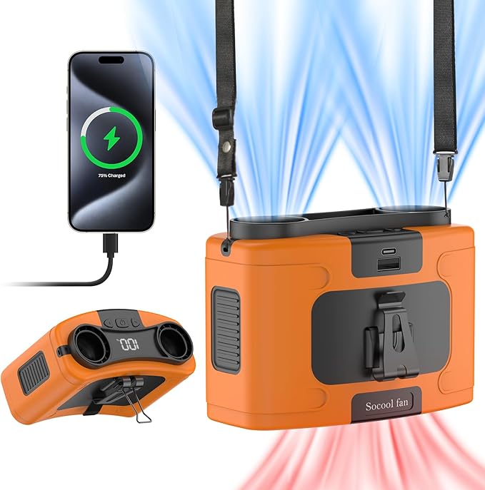 Socool 20000mAh Portable Waist Fan Clip on Wearable Belt Personal Fans Rechargeable Battery Operated, 40H Cooling Fan with 10 Speeds & Dual Motors, Neck Fans Hanging Hands-Free for Outdoor Travel