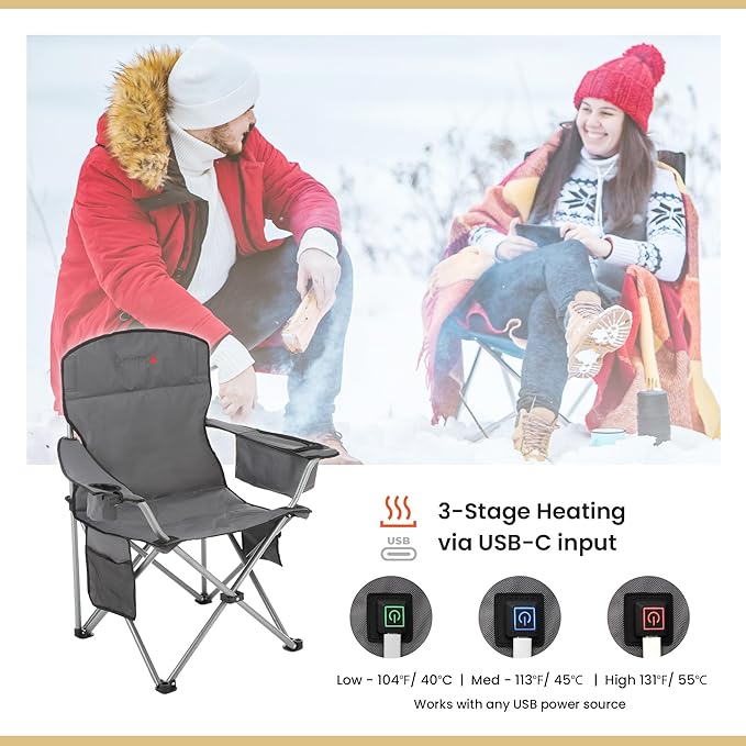 ARROWHEAD OUTDOOR 2-Pack Heated Folding Camping Chair with Cooler, 3 Heat Settings, Cup & Wine Glass Holder, Carrying Bag, Battery NOT Included, Supports up to 330lbs